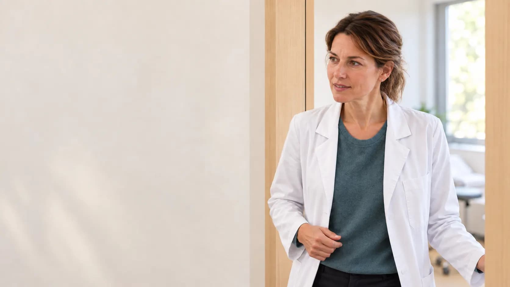 AI-generated image: a physician in a white coat stands in the doorway of her consulting room.