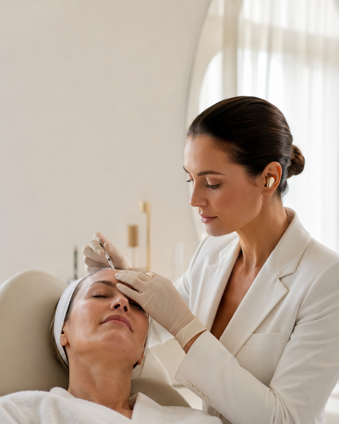 Clinician wearing a discreet Nixi AI earpiece during a treatment.